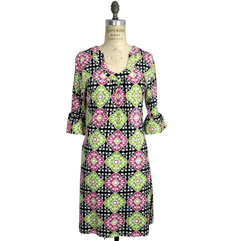 Tracy Negoshian Ponte Knit Dress L Ruffle Country Club Colorful Preppy Resort - Picture 2 of 16